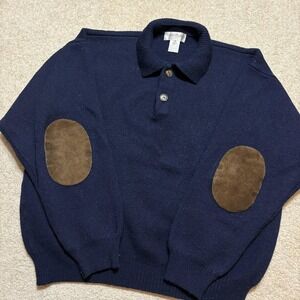 Tricots St Raphael Sweater Mens Medium Navy Merino Wool Collared Elbow Patch